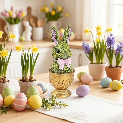 Easter Bunny Topiary Figurines, 6.9" Resin Green Bunny Shaped Topiary Tree Tabletop Decor, Indoor Spring Moss Rabbit Statue Table Top Centerpiece Mantel Shelf Office Desk Decorations for Home in Kuwait