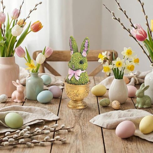 Easter Bunny Topiary Figurines, 6.9" Resin Green Bunny Shaped Topiary Tree Tabletop Decor, Indoor Spring Moss Rabbit Statue Table Top Centerpiece Mantel Shelf Office Desk Decorations for Home in Kuwait