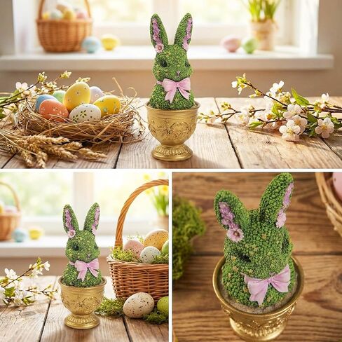 Easter Bunny Topiary Figurines, 6.9" Resin Green Bunny Shaped Topiary Tree Tabletop Decor, Indoor Spring Moss Rabbit Statue Table Top Centerpiece Mantel Shelf Office Desk Decorations for Home in Kuwait