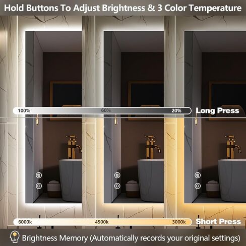 LED Bathroom Mirror with Lights, 36x28 Inch Frameless Backlit Mirror, Larger Anti-Fog Area, Dimmable Vanity Mirror with Memory Function, CRI95+, 3 Colors, UL Listed, Waterproof, Horizontal/Vertical in Kuwait