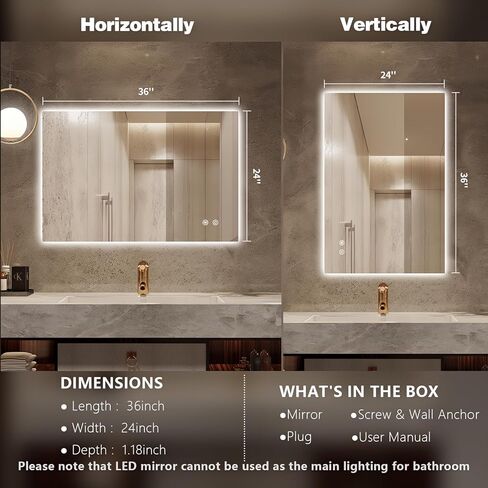 LED Bathroom Mirror with Lights, 36x28 Inch Frameless Backlit Mirror, Larger Anti-Fog Area, Dimmable Vanity Mirror with Memory Function, CRI95+, 3 Colors, UL Listed, Waterproof, Horizontal/Vertical in Kuwait