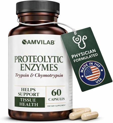 AMVILAB Proteolytic Enzymes: Trypsin & Chymotrypsin, Proteolytic Enzymes Supplement, Supports Tissue Health, Reduces Edema & Inflammation Caused by Tissue Injury, Fast Recovery - 60 Capsules in Kuwait