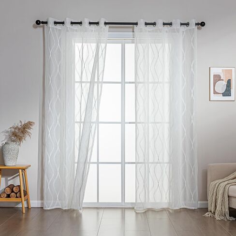 ستائر شفافة لمنطقة النوم لغرفة المعيشة وغرفة النوم، ستائر شفافة مطرزة، ستارة بيضاء شفافة بطول 52 × 84 بوصة من لوحتين، بيضاء متعددة الخطوط in Kuwait