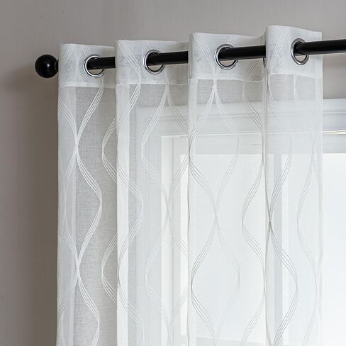 ستائر شفافة لمنطقة النوم لغرفة المعيشة وغرفة النوم، ستائر شفافة مطرزة، ستارة بيضاء شفافة بطول 52 × 84 بوصة من لوحتين، بيضاء متعددة الخطوط in Kuwait