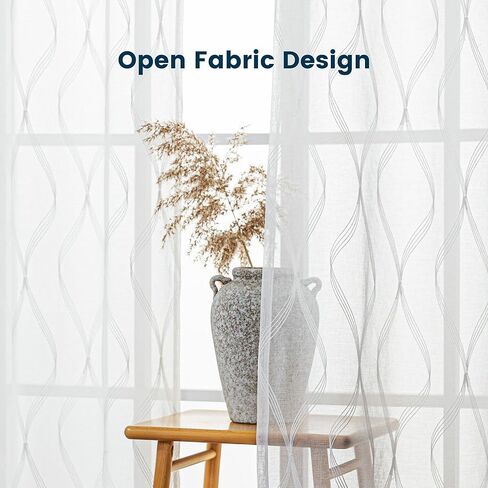 ستائر شفافة لمنطقة النوم لغرفة المعيشة وغرفة النوم، ستائر شفافة مطرزة، ستارة بيضاء شفافة بطول 52 × 84 بوصة من لوحتين، بيضاء متعددة الخطوط in Kuwait