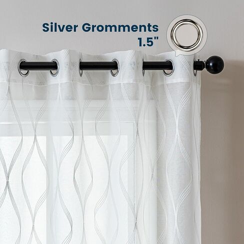 ستائر شفافة لمنطقة النوم لغرفة المعيشة وغرفة النوم، ستائر شفافة مطرزة، ستارة بيضاء شفافة بطول 52 × 84 بوصة من لوحتين، بيضاء متعددة الخطوط in Kuwait