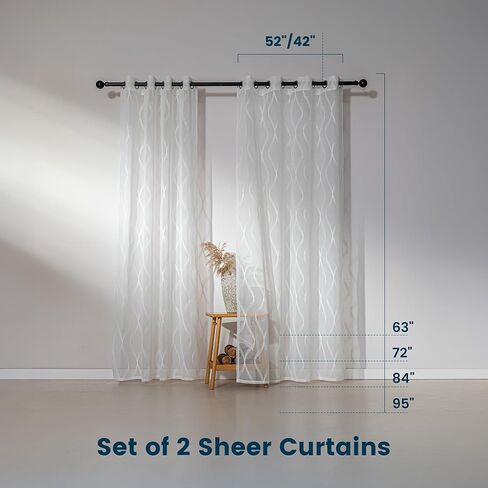 ستائر شفافة لمنطقة النوم لغرفة المعيشة وغرفة النوم، ستائر شفافة مطرزة، ستارة بيضاء شفافة بطول 52 × 84 بوصة من لوحتين، بيضاء متعددة الخطوط in Kuwait