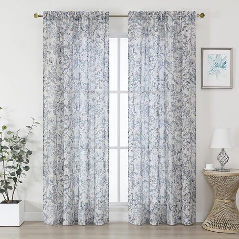 ستائر Lecloud الزرقاء الزهرية الشفافة بطول 84 بوصة، لوحتين، ستائر مزرعة مطبوعة بتصفية الضوء متجدد الهواء لغرفة النوم، ستائر جيب قضيب لغرفة المعيشة وغرفة الطعام، كل لوحة 52 بوصة عرض × 84 بوصة طول in Kuwait