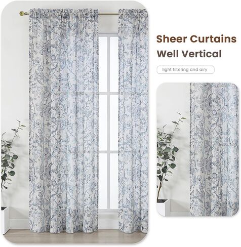 ستائر Lecloud الزرقاء الزهرية الشفافة بطول 84 بوصة، لوحتين، ستائر مزرعة مطبوعة بتصفية الضوء متجدد الهواء لغرفة النوم، ستائر جيب قضيب لغرفة المعيشة وغرفة الطعام، كل لوحة 52 بوصة عرض × 84 بوصة طول in Kuwait