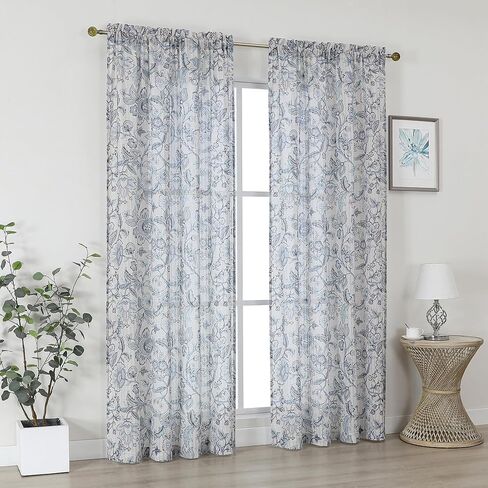 ستائر Lecloud الزرقاء الزهرية الشفافة بطول 84 بوصة، لوحتين، ستائر مزرعة مطبوعة بتصفية الضوء متجدد الهواء لغرفة النوم، ستائر جيب قضيب لغرفة المعيشة وغرفة الطعام، كل لوحة 52 بوصة عرض × 84 بوصة طول in Kuwait