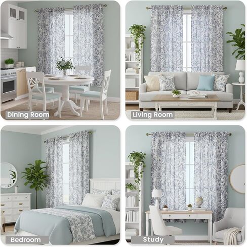 ستائر Lecloud الزرقاء الزهرية الشفافة بطول 84 بوصة، لوحتين، ستائر مزرعة مطبوعة بتصفية الضوء متجدد الهواء لغرفة النوم، ستائر جيب قضيب لغرفة المعيشة وغرفة الطعام، كل لوحة 52 بوصة عرض × 84 بوصة طول in Kuwait