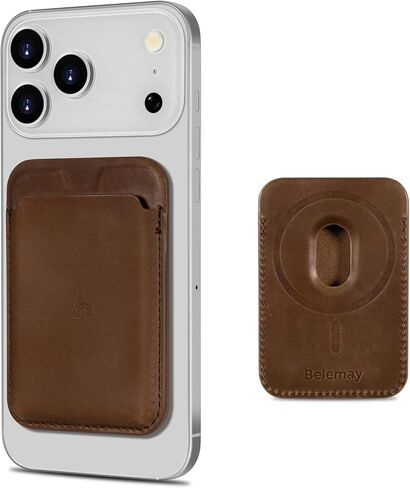 Belemay Strong Magnetic Wallet Compatible with Magsafe, Minimal Card Holder for 1-2 Cards, Premium Crazy Horse Leather Superb Grip Compatible with iPhone 16/15/14/13/12 series and MagSafe cases, Brown in Kuwait