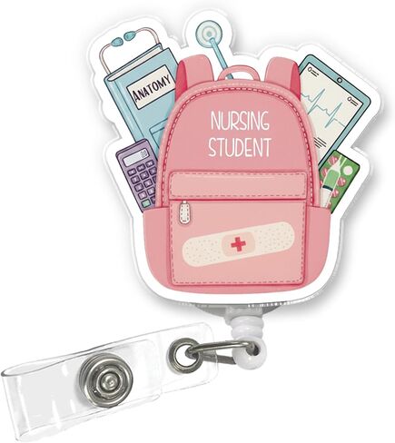 Nursing Student Badge Reel – Retractable ID Holder with Alligator Clip, Cute Pink Backpack Design for Student Nurse, Doctor, Medical Assistant, Office & Hospital Staff in Kuwait