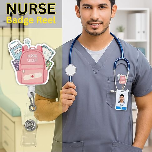 Nursing Student Badge Reel – Retractable ID Holder with Alligator Clip, Cute Pink Backpack Design for Student Nurse, Doctor, Medical Assistant, Office & Hospital Staff in Kuwait