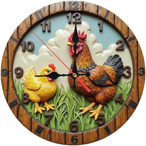 Rustic Rooster Chick Round Wall Clock - 10 Inch Non-Ticking Decorative Clocks for Living Room Kitchen Bedroom Decor in Saudi Arabia