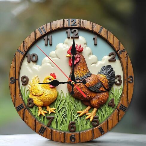 Rustic Rooster Chick Round Wall Clock - 10 Inch Non-Ticking Decorative Clocks for Living Room Kitchen Bedroom Decor in Saudi Arabia