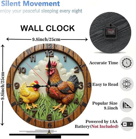 Rustic Rooster Chick Round Wall Clock - 10 Inch Non-Ticking Decorative Clocks for Living Room Kitchen Bedroom Decor in Saudi Arabia