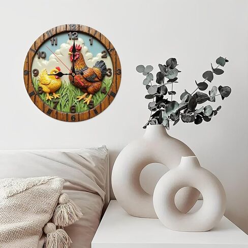 Rustic Rooster Chick Round Wall Clock - 10 Inch Non-Ticking Decorative Clocks for Living Room Kitchen Bedroom Decor in Saudi Arabia
