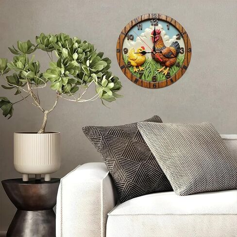Rustic Rooster Chick Round Wall Clock - 10 Inch Non-Ticking Decorative Clocks for Living Room Kitchen Bedroom Decor in Saudi Arabia