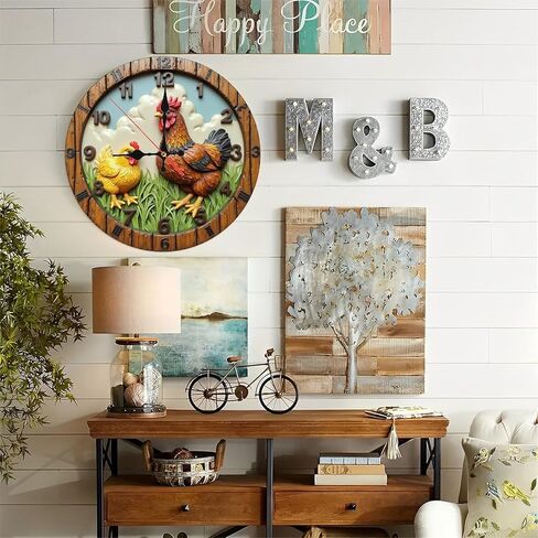 Rustic Rooster Chick Round Wall Clock - 10 Inch Non-Ticking Decorative Clocks for Living Room Kitchen Bedroom Decor in Saudi Arabia
