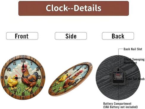 Rustic Rooster Chick Round Wall Clock - 10 Inch Non-Ticking Decorative Clocks for Living Room Kitchen Bedroom Decor in Saudi Arabia