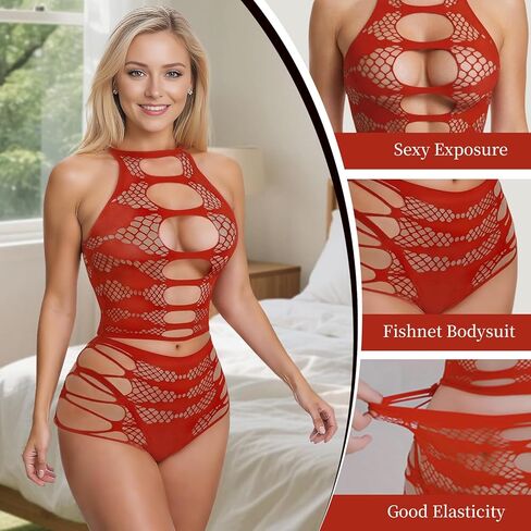 طقم لانجري مثير مكون من قطعتين من شبكة صيد السمك للنساء، بدلة للجسم شفافة للنساء، أحمر، مقاس واحد يناسب 80-150 رطلاً in Kuwait