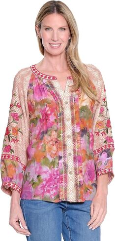 Printed Button Front Split Neck Top with Embroidered Three Quarters Sleeves in Kuwait