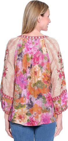 Printed Button Front Split Neck Top with Embroidered Three Quarters Sleeves in Saudi Arabia