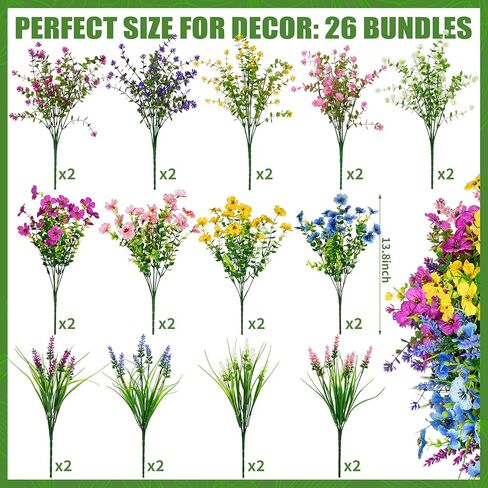 26 حزمة من الزهور الاصطناعية الخارجية، مزيج واقعي من الزهور الحريرية المزيفة الصناعية المقاومة للأشعة فوق البنفسجية ونباتات بلاستيكية خارجية للتعليق على المزارع والحديقة والشرفة ونافذة المنزل وديكور المزرعة in Kuwait
