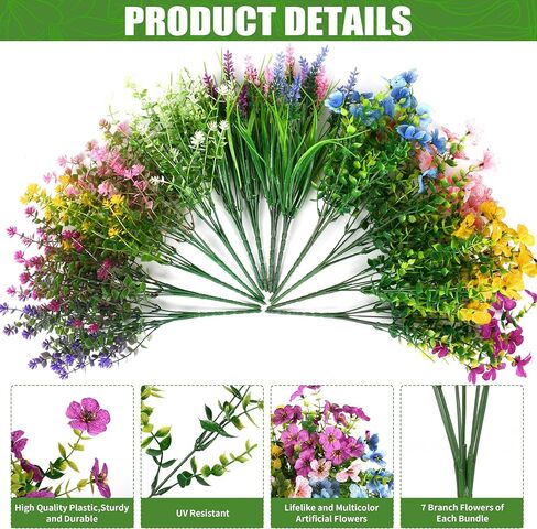 26 حزمة من الزهور الاصطناعية الخارجية، مزيج واقعي من الزهور الحريرية المزيفة الصناعية المقاومة للأشعة فوق البنفسجية ونباتات بلاستيكية خارجية للتعليق على المزارع والحديقة والشرفة ونافذة المنزل وديكور المزرعة in Kuwait
