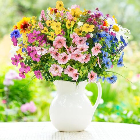 26 حزمة من الزهور الاصطناعية الخارجية، مزيج واقعي من الزهور الحريرية المزيفة الصناعية المقاومة للأشعة فوق البنفسجية ونباتات بلاستيكية خارجية للتعليق على المزارع والحديقة والشرفة ونافذة المنزل وديكور المزرعة in Kuwait