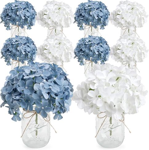 Hydrangea Flower in Mason Jars, 10 Set Blue White Floral Arrangements Table Centerpieces Decor Glass Flowers Vases for Home Party Wedding Bridal Shower Graduation Boho Decorative in Kuwait