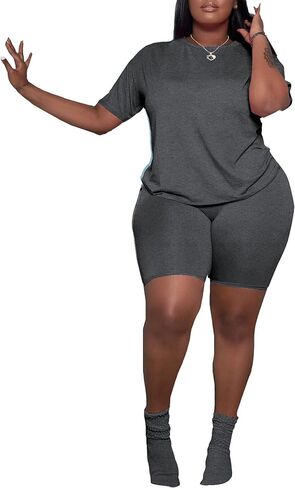 PINSV Women's Plus Size 2 Piece Outfits Tracksuits Short Sleeve Top Shorts Lounge Sets Sweatsuits Dark Gray 3XL in Kuwait