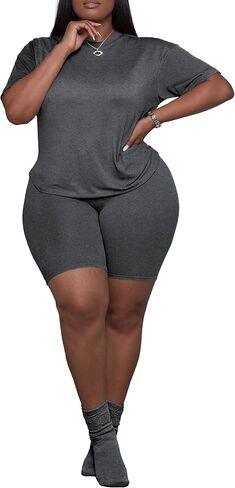 PINSV Women's Plus Size 2 Piece Outfits Tracksuits Short Sleeve Top Shorts Lounge Sets Sweatsuits Dark Gray 3XL in Kuwait