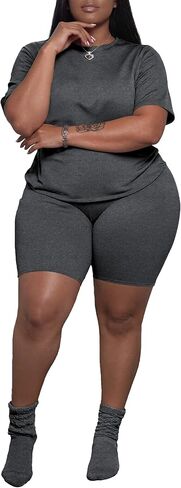PINSV Women's Plus Size 2 Piece Outfits Tracksuits Short Sleeve Top Shorts Lounge Sets Sweatsuits Dark Gray 3XL in Kuwait