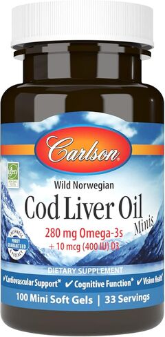 Carlson - Cod Liver Oil Minis, 280 mg Omega-3s + Vitamins A & D3, Heart Support & Cognitive Function, Vision Health, 250 Mini Soft Gels in Saudi Arabia