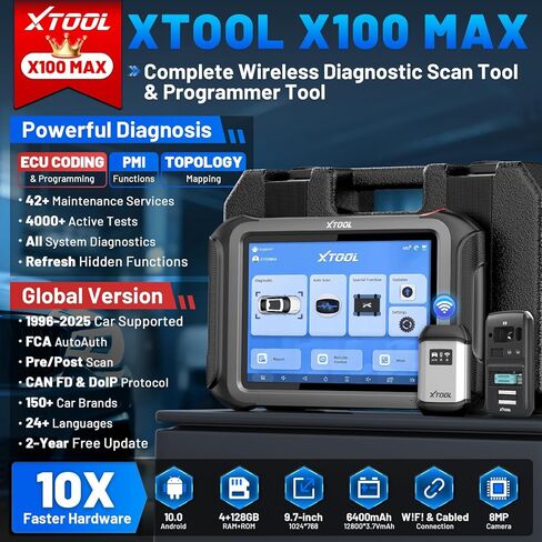 أداة مسح ثنائية الاتجاه XTOOL X100 MAX مدعومة بالذكاء الاصطناعي مع برنامج ECU Pr0gramming وC0ding، أداة تشخيص لاسلكية للسيارات مع خريطة طبولوجيا و[محول KC501]، 42+ إعادة ضبط، FCA/CAN FD/DoIP، تحديثات لمدة عامين in Saudi Arabia