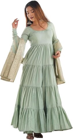 مجموعة فساتين Heni Fashion الهندية الناعمة النقية من رامانسيلك تشاندري شوريدار بأكمام أناركلي مع دوباتا in Kuwait