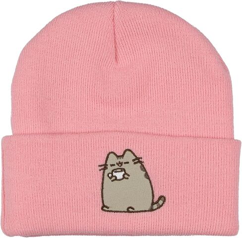 Pusheen Beanie Embroidered Tabby Cat Patch Design Fold Cuff Knit Hat Skull Cap OSFM for Women Pink in Saudi Arabia