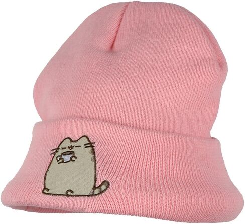 Pusheen Beanie Embroidered Tabby Cat Patch Design Fold Cuff Knit Hat Skull Cap OSFM for Women Pink in Saudi Arabia