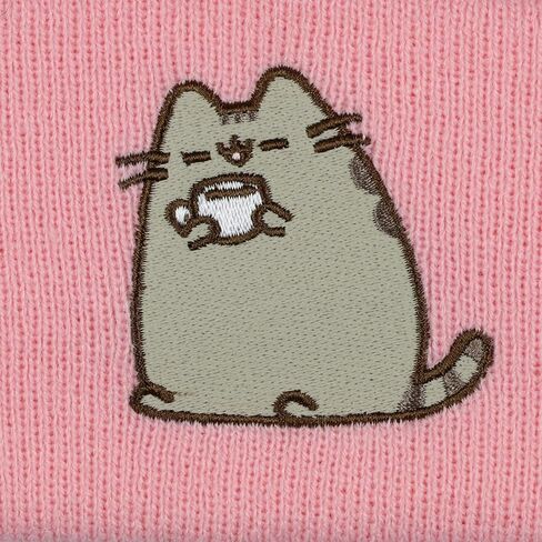 Pusheen Beanie Embroidered Tabby Cat Patch Design Fold Cuff Knit Hat Skull Cap OSFM for Women Pink in Saudi Arabia