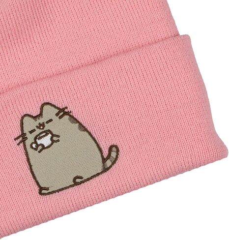 Pusheen Beanie Embroidered Tabby Cat Patch Design Fold Cuff Knit Hat Skull Cap OSFM for Women Pink in Saudi Arabia