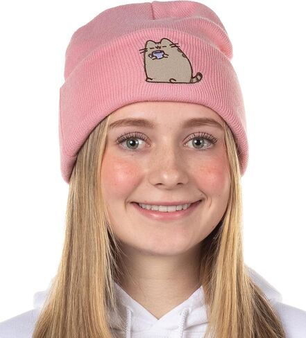 Pusheen Beanie Embroidered Tabby Cat Patch Design Fold Cuff Knit Hat Skull Cap OSFM for Women Pink in Saudi Arabia