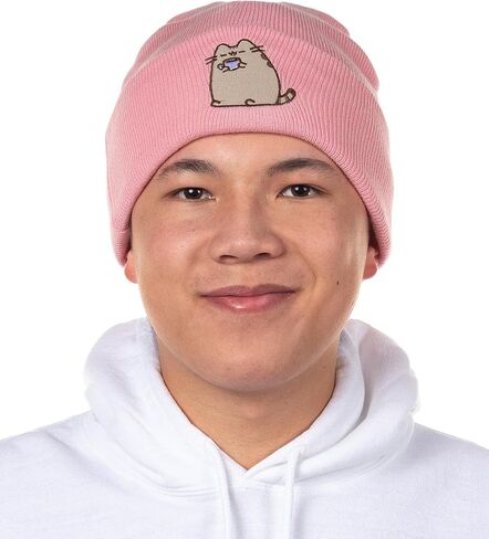 Pusheen Beanie Embroidered Tabby Cat Patch Design Fold Cuff Knit Hat Skull Cap OSFM for Women Pink in Saudi Arabia