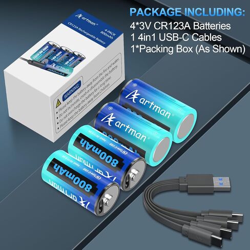Artman CR123A Lithium Batteries 4 Pack 123a Lithium Batteries 3.7V CR17345 USB-C Rechargeable Batteries Compatible with Arlo Cameras VMC3030 VMK3200 VMS3330 3430 3530, Flashlight Microphone in Kuwait