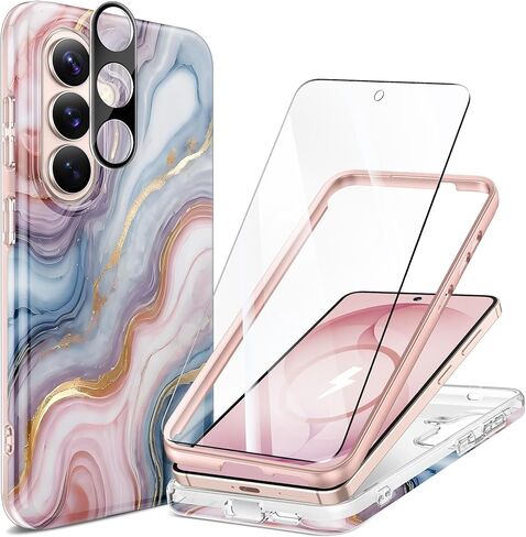GVIEWIN Magnetic for Samsung Galaxy S25 Plus Case [Compatible with MagSafe] Marble Slim with Camera Lens+Screen Protector Shockproof Full Body Protective Phone Cover 6.7" 2025 (Dreamland River/Pink) in Kuwait