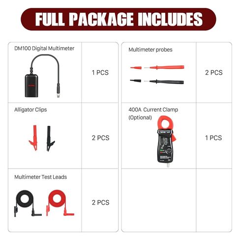 مجموعة ملحقات اختبار البطارية Autel MaxiBAS BTAK، مقياس التيار الرقمي DM100 400A، يقيس الجهد والتيار والمقاومة وقوة البطارية، استكشاف أخطاء النظام الكهربائي وإصلاحها، العمل مع BT608 (E)/ BT609 in Saudi Arabia