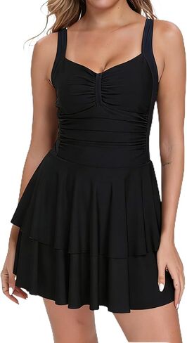 Halcurt Womens One Piece Swimsuit Ruched Tummy Control Swimdress Ruffle Bathing Suit Skirt with Hipster in Kuwait