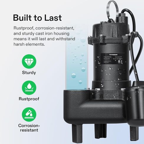VIVOSUN 3/4HP Submersible Sewage/Effluent Pump, 4680 GPH, Cast Iron Sump Pump with Automatic Adjustable Float Switch & 2'' NPT discharge, Perfect for Sewage System, Septic Tank, Basement in Kuwait