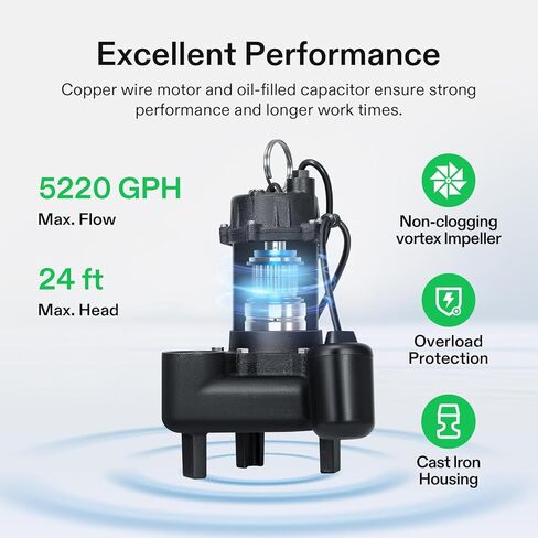 VIVOSUN 3/4HP Submersible Sewage/Effluent Pump, 4680 GPH, Cast Iron Sump Pump with Automatic Adjustable Float Switch & 2'' NPT discharge, Perfect for Sewage System, Septic Tank, Basement in Kuwait